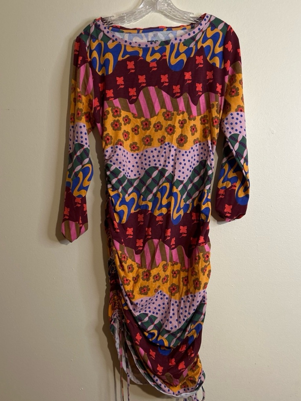 Multicolor Printed Long-Sleeve Ruched Midi Dress